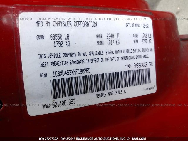 1C3XU453XNF190265 - 1992 CHRYSLER LEBARON 红色 照片 9