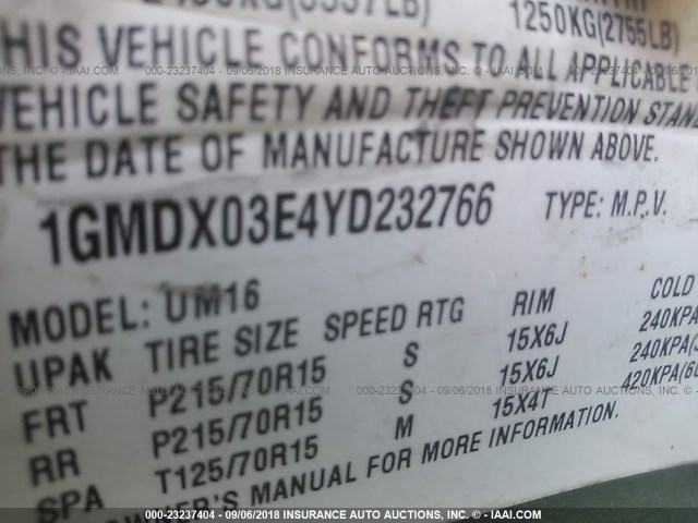 1GMDX03E4YD232766 - 2000 PONTIAC MONTANA GREEN photo 9