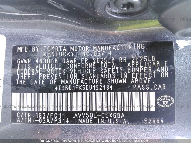 4T1BD1FK5EU122134 - 2014 TOYOTA CAMRY HYBRID/LE/XLE 灰色 照片 9