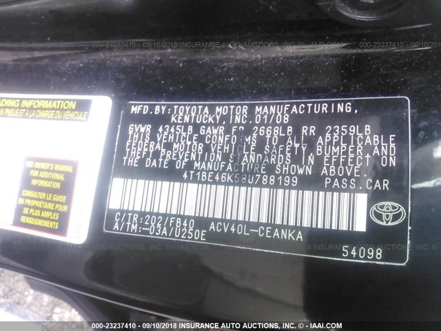 4T1BE46K58U788199 - 2008 TOYOTA CAMRY CE/LE/XLE/SE BLACK photo 9