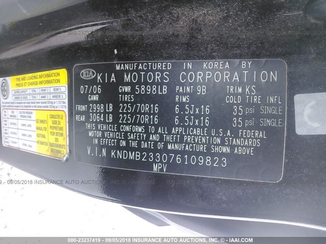 KNDMB233076109823 - 2007 KIA SEDONA EX/LX BLACK photo 9