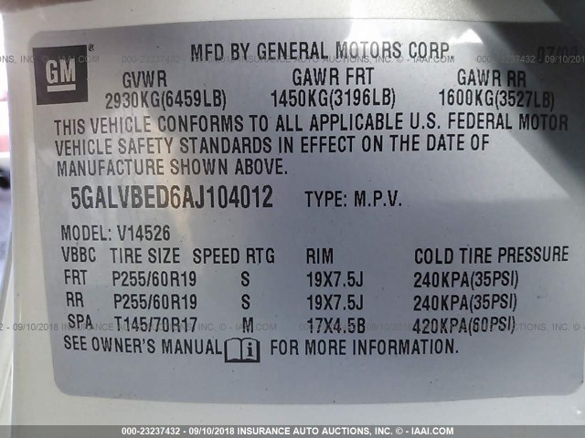 5GALVBED6AJ104012 - 2010 BUICK ENCLAVE CXL 白色 照片 9