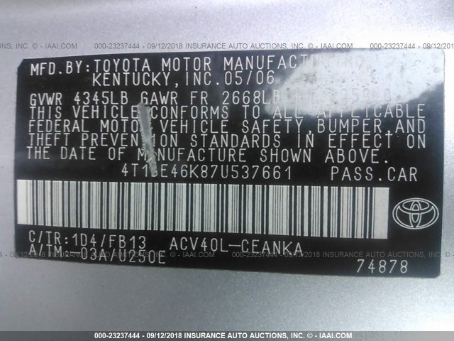 4T1BE46K87U537661 - 2007 TOYOTA CAMRY NEW GENERAT CE/LE/XLE/SE GRAY photo 9