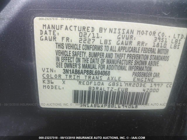 3N1AB6AP8BL694068 - 2011 NISSAN SENTRA 2.0/2.0S/SR/2.0SL 灰色 照片 9