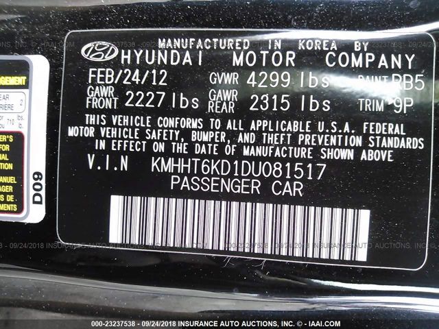 KMHHT6KD1DU081517 - 2013 HYUNDAI GENESIS COUPE 2.0T BLACK photo 9