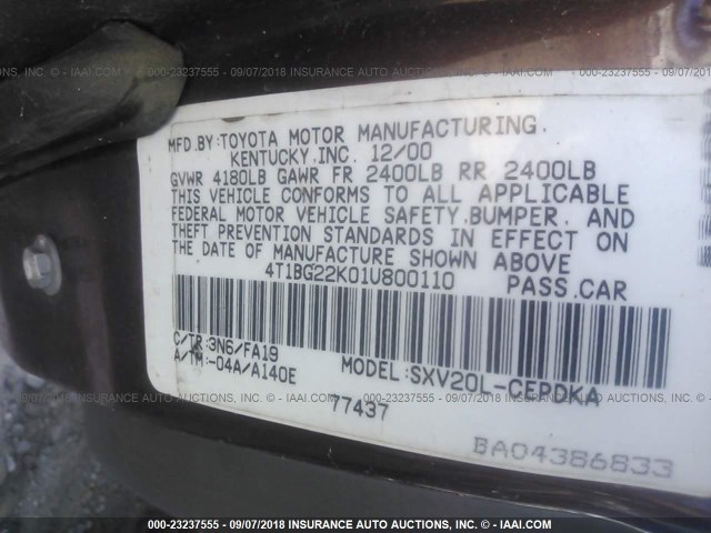 4T1BG22K01U800110 - 2001 TOYOTA CAMRY CE/LE/XLE 勃艮第红 照片 9