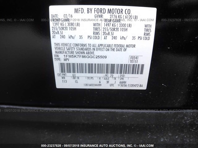 1FM5K7F86GGC25509 - 2016 FORD EXPLORER LIMITED BLACK photo 9