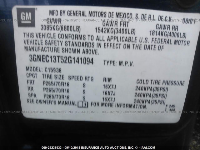 3GNEC13T52G141094 - 2002 CHEVROLET AVALANCHE C1500 BLUE photo 9