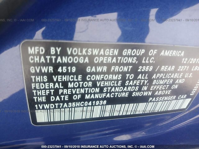 1VWDT7A35HC041936 - 2017 VOLKSWAGEN PASSAT R-LINE Mavi foto 9