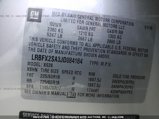 LRBFX2SA3JD084184 - 2018 BUICK ENVISION ESSENCE ვერცხლისფერი ფოტო 9