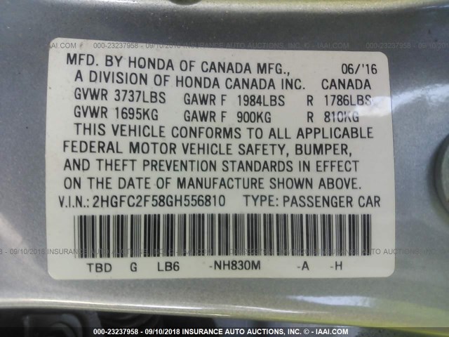 2HGFC2F58GH556810 - 2016 HONDA CIVIC LX SILVER photo 9