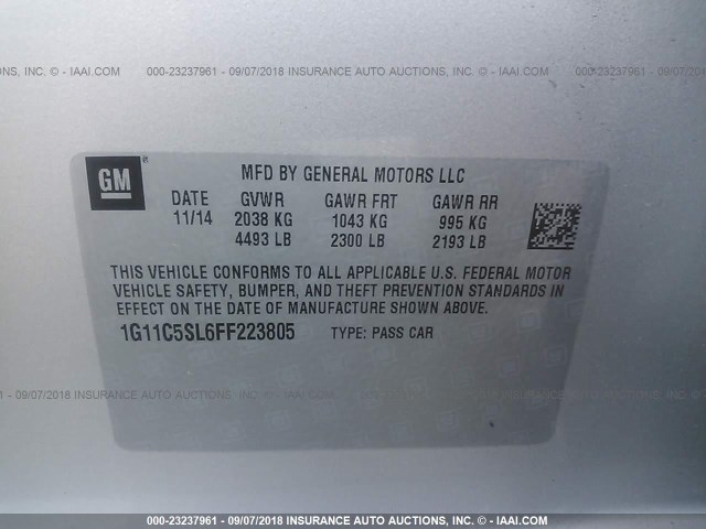 1G11C5SL6FF223805 - 2015 CHEVROLET MALIBU 1LT SILVER photo 9