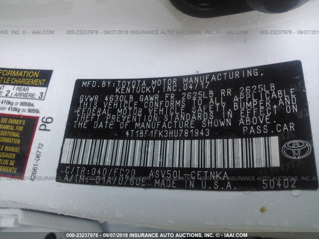 4T1BF1FK3HU781943 - 2017 TOYOTA CAMRY LE/XLE/SE/XSE 白色 照片 9