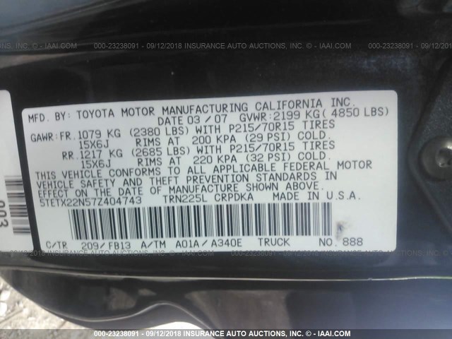 5TETX22N57Z404743 - 2007 TOYOTA TACOMA ACCESS CAB BLACK photo 9