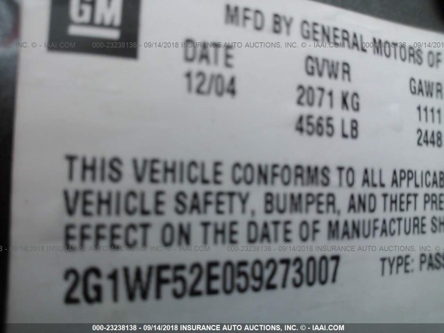 2G1WF52E059273007 - 2005 CHEVROLET IMPALA GRAY photo 9