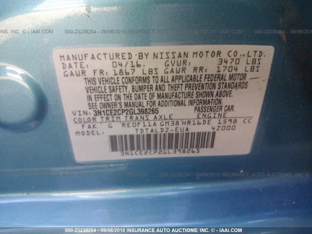 3N1CE2CP2GL398265 - 2016 NISSAN VERSA NOTE S/S PLUS/SV/SL/SR BLUE photo 9