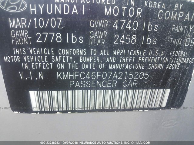 KMHFC46F07A215205 - 2007 HYUNDAI AZERA SE/LIMITED SILVER photo 9