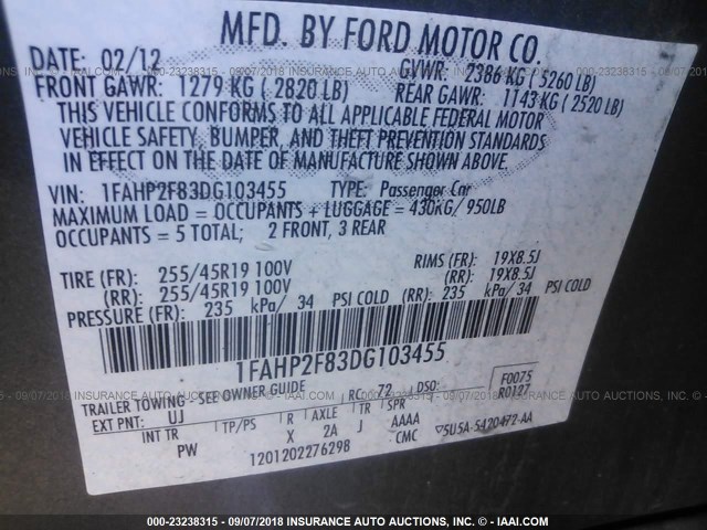 1FAHP2F83DG103455 - 2013 FORD TAURUS LIMITED GRAY photo 9