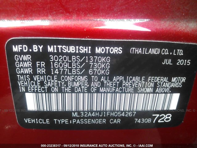 ML32A4HJ1FH054267 - 2015 MITSUBISHI MIRAGE ES RED photo 9