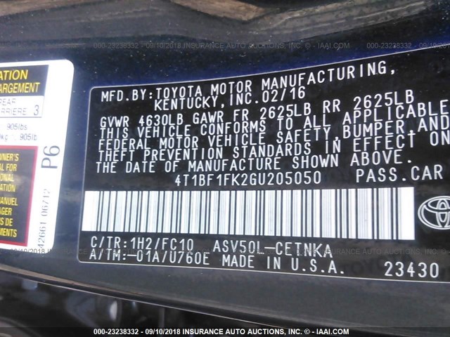 4T1BF1FK2GU205050 - 2016 TOYOTA CAMRY LE/XLE/SE/XSE 黑色 照片 9