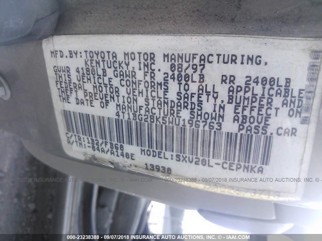 4T1BG28K5WU196763 - 1998 TOYOTA CAMRY CE/LE/XLE 棕色 照片 9