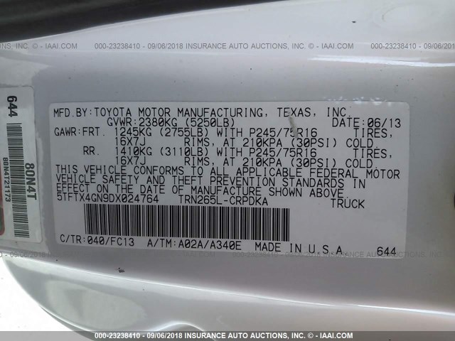 5TFTX4GN9DX024764 - 2013 TOYOTA TACOMA PRERUNNER ACCESS CAB WHITE photo 9