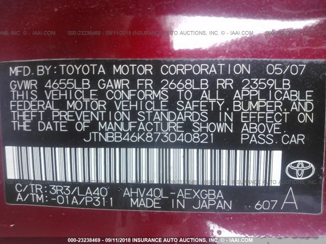 JTNBB46K873040821 - 2007 TOYOTA CAMRY NEW GENERAT HYBRID RED photo 9