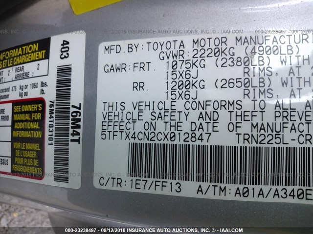 5TFTX4CN2CX012847 - 2012 TOYOTA TACOMA ACCESS CAB ვერცხლისფერი ფოტო 9