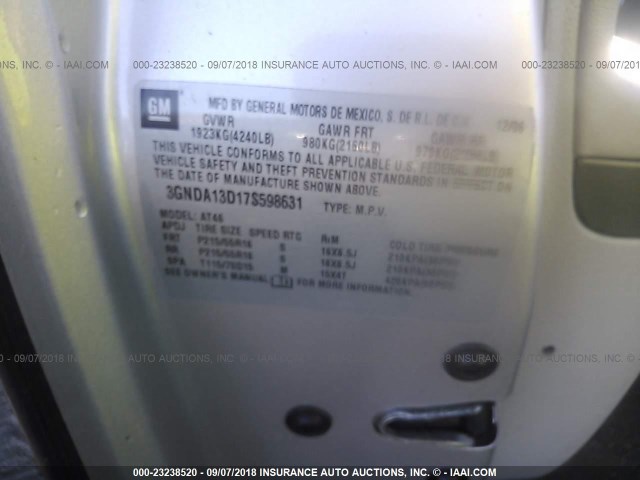 3GNDA13D17S598631 - 2007 CHEVROLET HHR LS SILVER photo 9