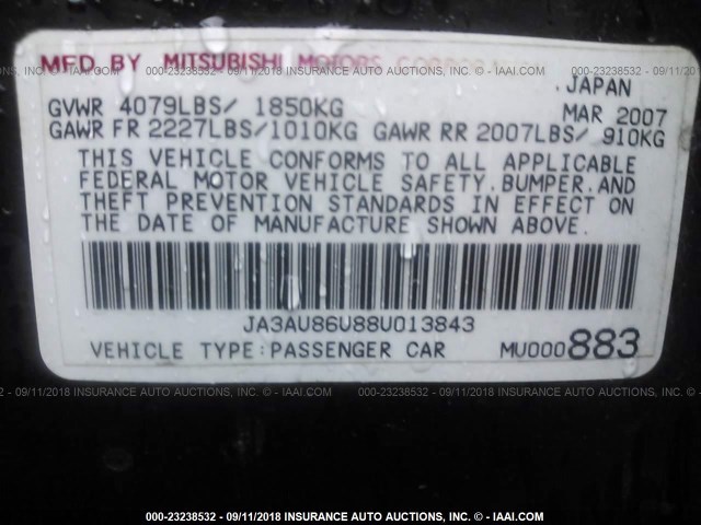 JA3AU86U88U013843 - 2008 MITSUBISHI LANCER GTS BLACK photo 9