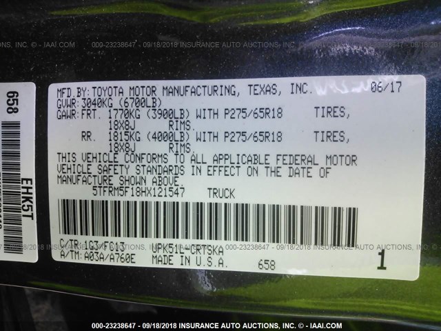 5TFRM5F18HX121547 - 2017 TOYOTA TUNDRA DOUBLE CAB SR/SR5 GRAY photo 9