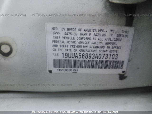 19UUA56893A073103 - 2003 ACURA 3.2TL TYPE-S WHITE photo 9