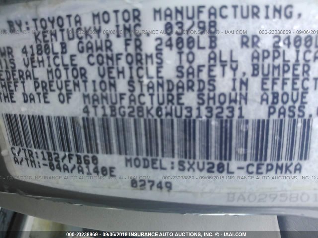 4T1BG28K0WU313231 - 1998 TOYOTA CAMRY CE/LE/XLE GRAY photo 9