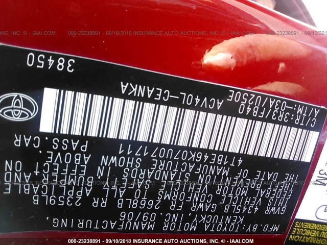 4T1BE46K07U071711 - 2007 TOYOTA CAMRY NEW GENERAT CE/LE/XLE/SE RED photo 9