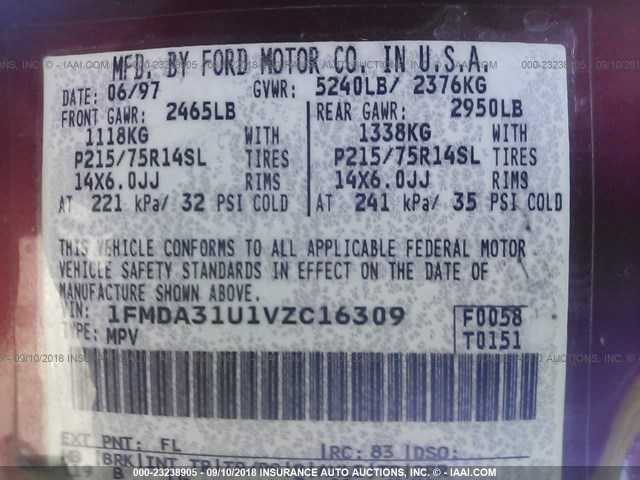 1FMDA31U1VZC16309 - 1997 FORD AEROSTAR RED photo 9