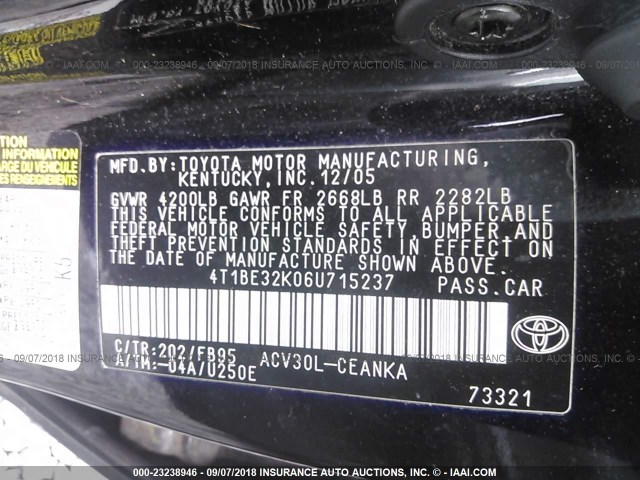 4T1BE32K06U715237 - 2006 TOYOTA CAMRY LE/XLE/SE Қара фото 9