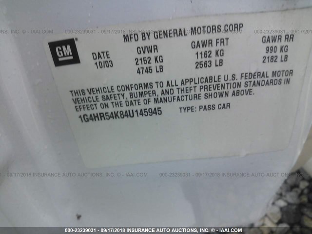 1G4HR54K84U145945 - 2004 BUICK LESABRE LIMITED WHITE photo 9