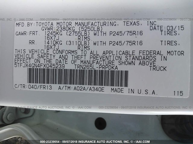 5TFJX4GN4FX045239 - 2015 TOYOTA TACOMA DOUBLE CAB PRERUNNER WHITE photo 9