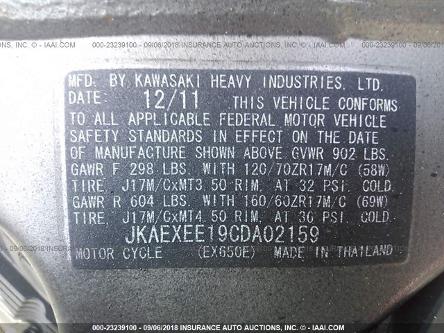 JKAEXEE19CDA02159 - 2012 KAWASAKI EX650 EC BLACK photo 10