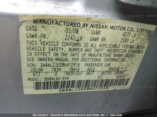 1N4AL21E08N472916 - 2008 NISSAN ALTIMA 2.5/2.5S SILVER photo 9