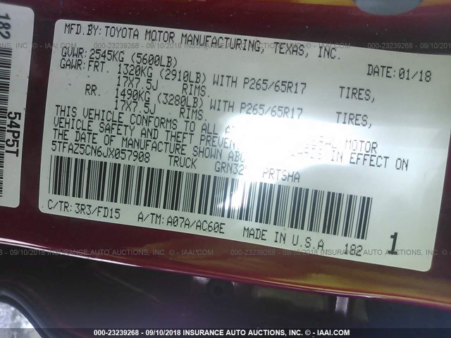5TFAZ5CN6JX057908 - 2018 TOYOTA TACOMA DBL CAB/SR5/TRD SPORT/OR RED photo 9
