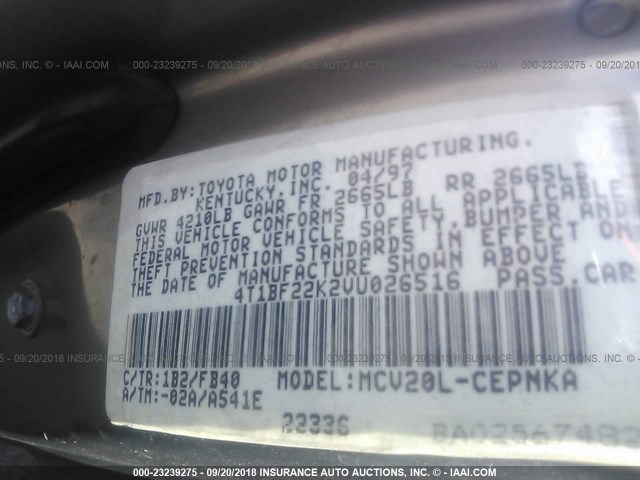 4T1BF22K2VU026516 - 1997 TOYOTA CAMRY CE/LE/XLE 金色 照片 9