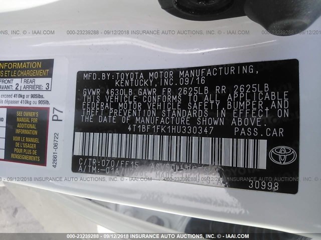 4T1BF1FK1HU330347 - 2017 TOYOTA CAMRY LE/XLE/SE/XSE 白色 照片 9