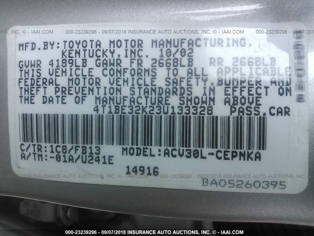 4T1BE32K23U133328 - 2003 TOYOTA CAMRY LE/XLE/SE Gümüş foto 9