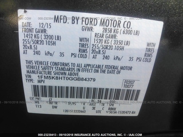 1FM5K8HT0GGB84379 - 2016 FORD EXPLORER PLATINUM GRAY photo 9