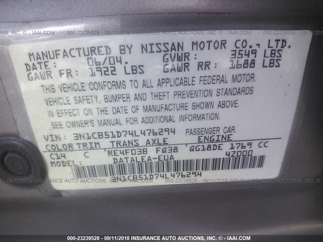 3N1CB51D74L476294 - 2004 NISSAN SENTRA 1.8/1.8S Champagne photo 9