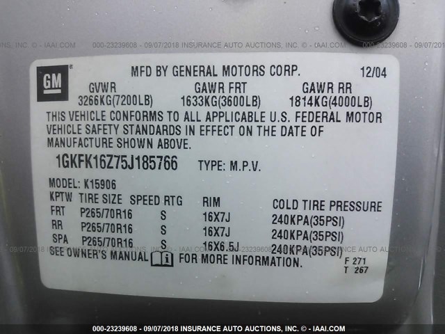 1GKFK16Z75J185766 - 2005 GMC YUKON XL K1500 SILVER photo 9