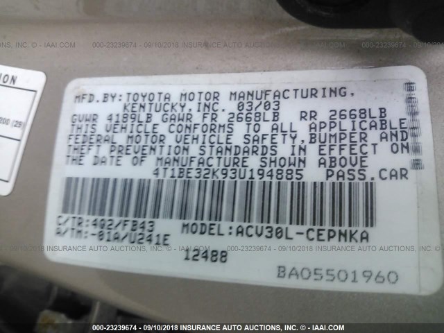 4T1BE32K93U194885 - 2003 TOYOTA CAMRY LE/XLE/SE Qəhvəyi foto 9