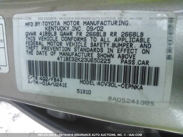 4T1BE32K23U650225 - 2003 TOYOTA CAMRY LE/XLE/SE Қоңыр фото 9