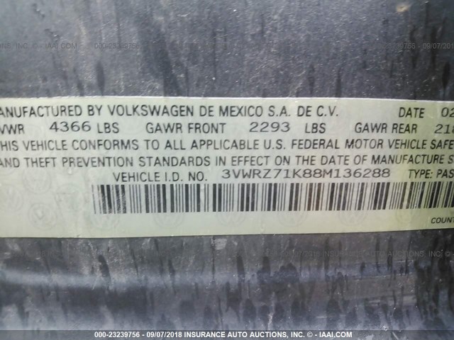 3VWRZ71K88M136288 - 2008 VOLKSWAGEN JETTA SE/SEL GRAY photo 9